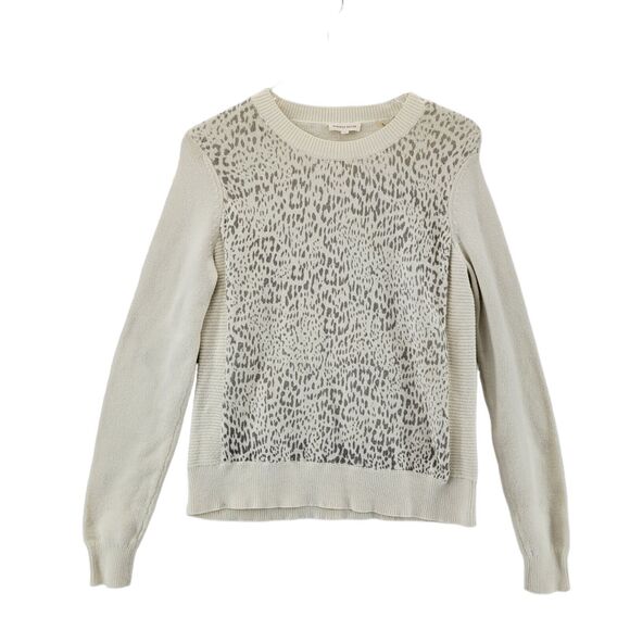 Rebecca Taylor Ivory Crewneck Sweater Gray Leopard Print Detail Size Medium - Picture 2 of 7